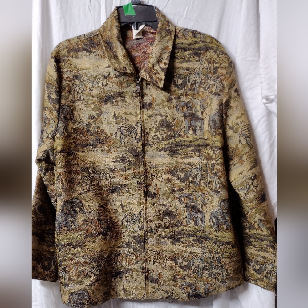 VINTAGE Bonworth African Safari Animals Print Tapestry Jacket Zip Up Womens L